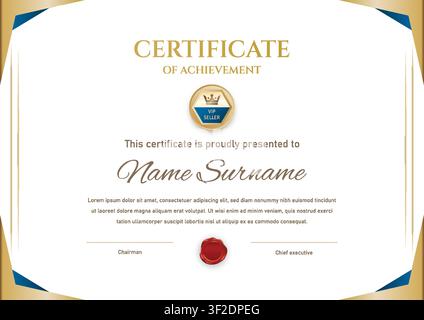 Elegant Certificate of Achievement Template with VIP Gold Crown Badge Stock Vector