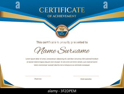 Elegant blue and gold certificate of achievement template vector. Stock Vector