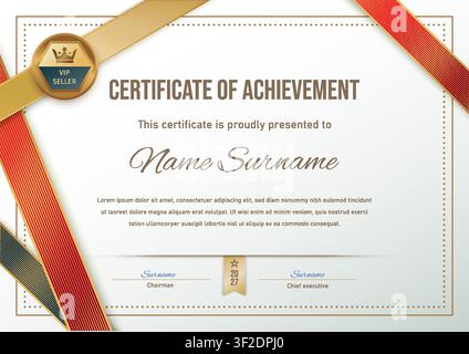 Elegant Certificate of Achievement Template with Gold Red Ribbon and VIP Seller Badge Stock Vector