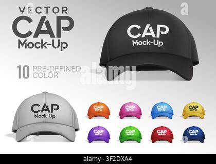 Cap Mock-Up In Front View with Predefined Color, Easy to Edit and Place Your Design. Vector Realistic, Vector Illustration Stock Vector