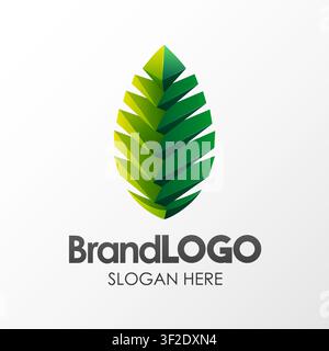 Brand Logo Green Leaf Template, 3D Shape Low Poly, Suitable For Business Company Visual Identity, Vector Illustration Stock Vector