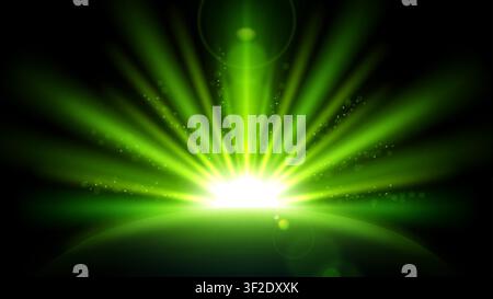 Green Rays with Lens Flare Isolated on Black Background. Widescreen Resolution, Vector Illustration Stock Vector