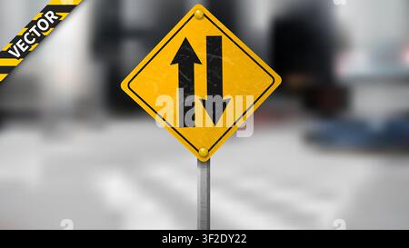 Two Way Traffic Sign, Yellow Road Sign on Blurred Traffic Background, Isolated and Easy to Edit, Vector Illustration Stock Vector