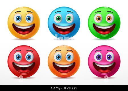 Smiling Faces Emoticon Characters With Six Predefined Color Happy Facial Expressions. 3D Realistic, Vector Illustration Stock Vector
