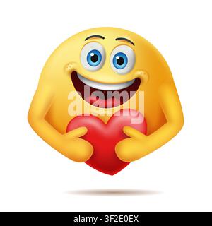 Care Emoticon Characters with Hugging A Red Heart with Both Hands Showing Carea and Support. 3D Realistic, Vector Illustration Stock Vector