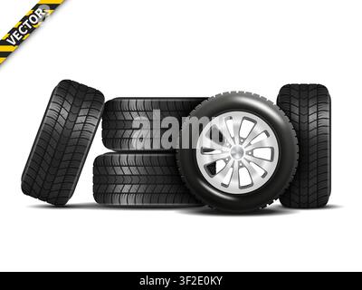 Realistic Car Wheels Set with Alloy Rims, Front and Side View Composition. Isolated Vector on A White Background, Vector Illustration Stock Vector