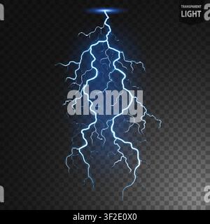 Blue Lightning Flash Bolt, Thunderstorm Effect, Electrical Concept on Transparent Background, Vector Illustration Stock Vector
