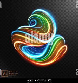 Abstract Multicolor Swirl Line of Light, Isolated on Dark Background, Vector Illustration Stock Vector