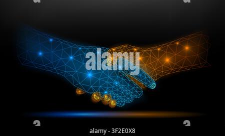 Blue and Gold Wireframe Glowing Handshake on Dark Background, Partnership and Trust Concept, Vector Illustration Stock Vector