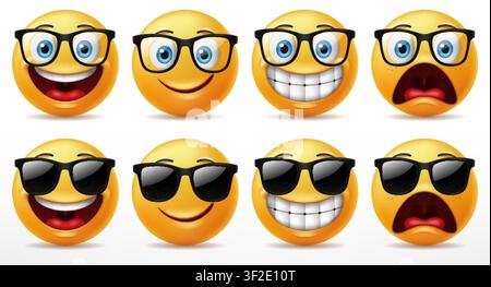 Smiling Faces Emoticon Character Set, Facial Expressions of Cute Yellow Faces Wearing Sunglasses. 3D Realistic, Vector Illustration Stock Vector