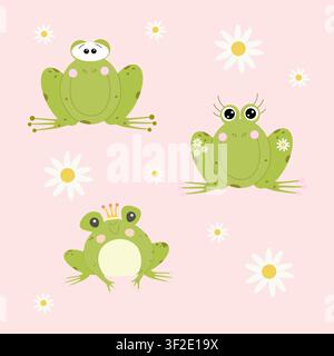 A set of vector illustrations featuring cute little green frogs. Kawaii-style frog characters. Stock Vector
