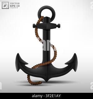Realistic Black Steel Anchor with Brown Rope Isolated on White Background, Vector Illustration Stock Vector