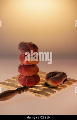 Flat peaches stacked in a tower resting on wooden spoons on a warm amber background. Creative still life with fruit and kitchen utensils, copy space. Stock Photo