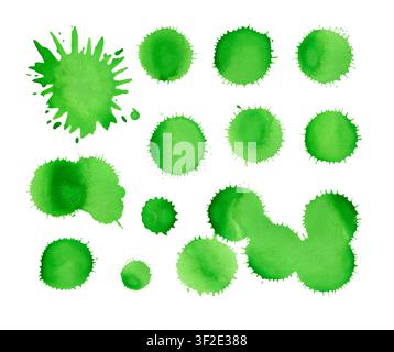 Set of round paint splashes in green tones sits against pure white background. Pigment tones shift from light aqua to rich teal across the full compos Stock Photo
