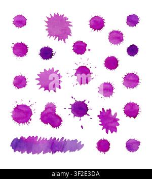 Varied pale pink to deep purple, creating vivid contrast within the set. Each splash includes jagged, dripping edges typical of hand-painted watercolo Stock Photo