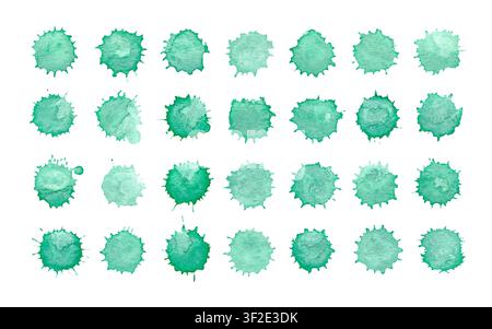 Varied tones range from pale seafoam to deep turquoise, creating fresh contrast within the set. Turquoise mint watercolor paint blobs collection with Stock Photo