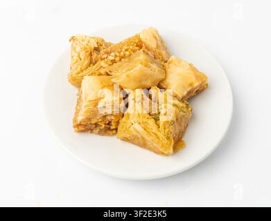 Baklava Isolated, Small Ramadan Dessert, Eastern Sweet Filo Pastries, Turkish Honey Diamant Baklawa, Traditional Oriental Desert, Small Baklava Pieces Stock Photo