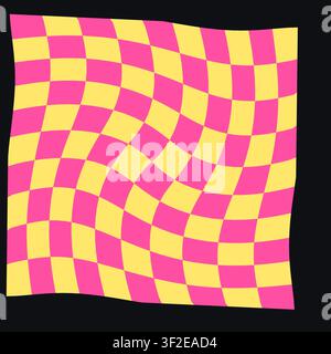 A checkerboard pattern appears distorted and swirling, creating a trippy effect. The design features bold pink and yellow colors that give it a playfu Stock Vector