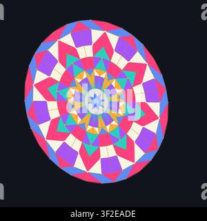 A circular mandala with various geometric shapes in bright colors. The design features a mix of stars, triangles, and patterns arranged symmetrically Stock Vector