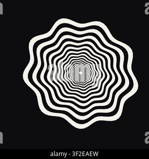 This vector artwork features a swirling optical moire vortex design in black and white. The pattern consists of layered, wavy lines creating a dynamic Stock Vector