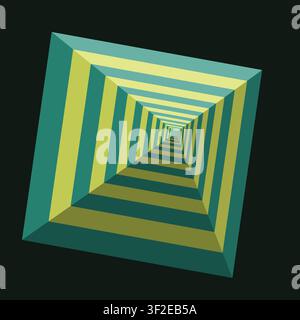 The design features a 3D tunnel with a series of geometric stripes in green and yellow. The perspective creates an illusion of depth and movement. Stock Vector
