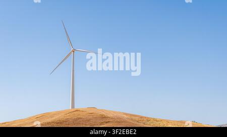 A solitary wind turbine stands majestically on a grassy hill under a cloudless blue sky. This image captures the essence of sustainable energy in the Stock Photo