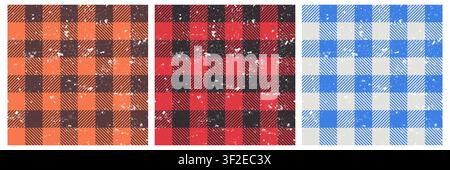 Vector plaid seamless pattern set with tartan check and removable grunge texture. Red, blue and orange gingham background with distressed scratched ov Stock Vector