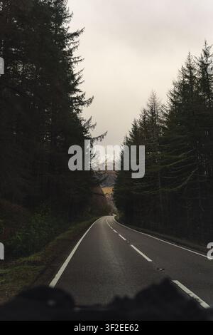 Winding two-lane road through dark evergreen forest on the Isle of Skye, Scotland, United Kingdom, with moody overcast sky and distant hills, serene t Stock Photo