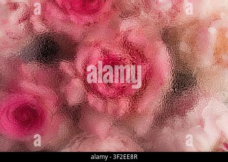 Beautiful blurred floral arrangement seen through glass, adorned with delicate water drops. A soft and elegant background featuring pink blossoms and Stock Photo