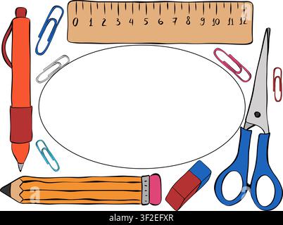 Colorful school themed School student tools frame oval rectangle hand drawn illustration. Vector graphic line ink art template. educational supplies a Stock Vector