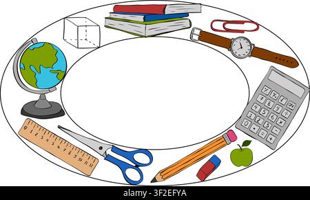 School supplies and stationery items School student tools frame oval hand drawn illustration. Vector graphic line ink art template. Design for package Stock Vector