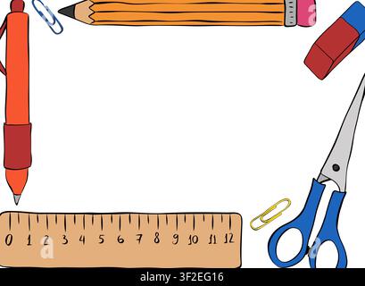 Colorful school themed School student tools frame rectangle hand drawn illustration. Vector graphic line ink art template. educational supplies and to Stock Vector