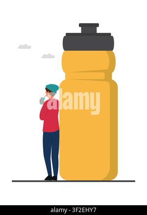 An illustration of a man drinking from a cup while leaning against a massive yellow sports bottle. Perfect for health, fitness, and hydration concepts Stock Vector