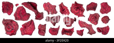 Dry beetroot chips isolated, dried sliced red beet flakes pile, beet root pieces and chips, dehydrated deep fried vegetable root heap on white backgro Stock Photo