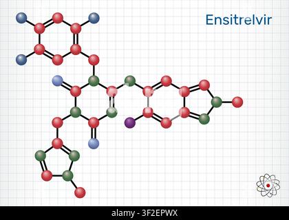 Ensitrelvir molecule chemical structure. Novel antiviral drug and 3C-like protease inhibitor for coronavirus treatment. Sheet of paper in a cage. Mole Stock Vector