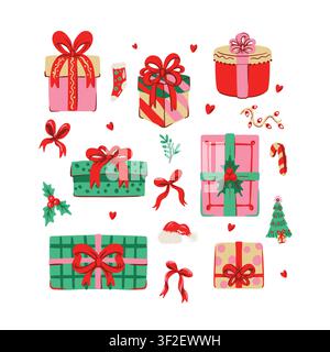 Christmas Gifts Isolated Collection with Colorful Presents Red Bows Holiday Decor Elements Set Stock Vector