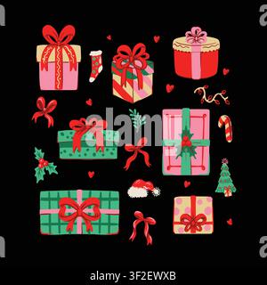 Christmas Gifts Isolated Collection with Colorful Presents Red Bows Holiday Decor Elements Set Stock Vector