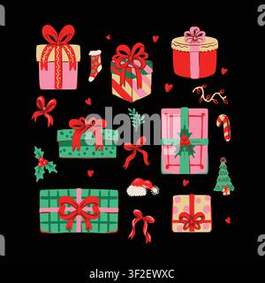 Christmas Gifts Isolated Collection with Colorful Presents Red Bows Holiday Decor Elements Set Stock Vector