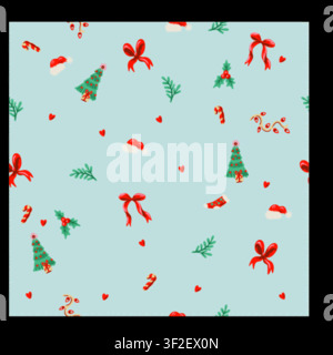 Christmas Ditsy Seamless Pattern with Tiny Bows Trees Candy Canes Holly Festive Background Stock Vector