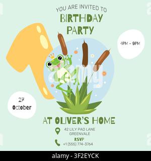 Cute frog birthday party invitation card template with a funny cartoon toad, pond and bulrush Stock Vector