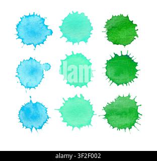 Nine round watercolor blots are arranged in neat grid on white background, ranging from blue through teal to green. Stock Photo