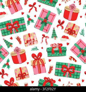 Christmas Gift Seamless Pattern with Colorful Presents Ribbons Holly and Festive Holiday Illustrations Stock Vector