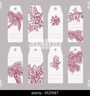 Christmas Pine Gift Tags Set with Botanical Cones Branches Vintage Holiday Label Templates Stock Vector