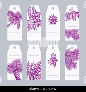 Christmas Pine Gift Tags Set with Botanical Cones Branches Vintage Holiday Label Templates Stock Vector