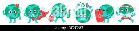 Cute Earth cartoon character set. Vector illustration collection of friendly globe mascots showing peace sign, wearing superhero cape, recycling cans Stock Vector