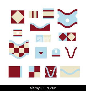 Christmas Border Pattern Elements Set with Geometric Stripes Waves Stars Checker Holiday Shapes Stock Vector
