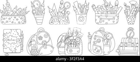 Coloring Page For Kids And School Backpacks And Supplies For Going Back To School Stock Vector