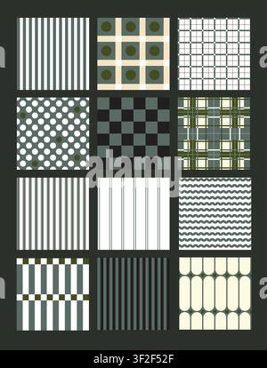 Christmas Geometrical Seamless Patterns Collection with Stripes Checks Dots Waves Minimal Holiday Designs Stock Vector