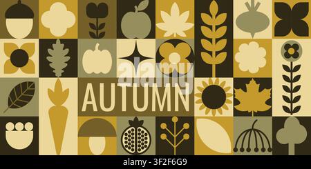 Horizontal Autumn Banner with Geometric Seasonal Icons in Earthy Tones Stock Vector