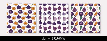 Set of Three Seamless Fig Patterns with Whole Fruits Slices and Leaves Stock Vector